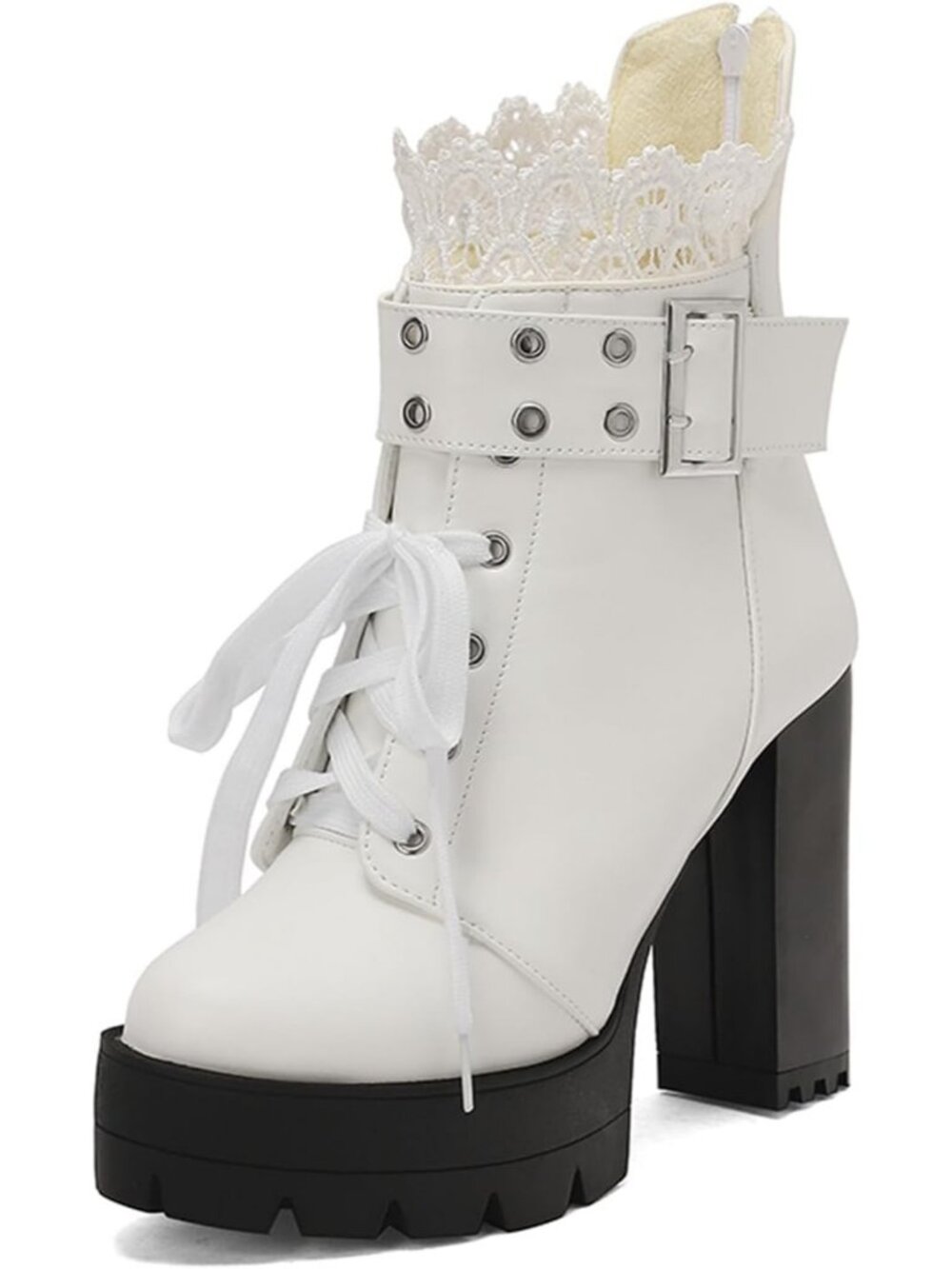 Women's Heels White Buckle Rivets Punk Block Heel Round Toe Zipper Ankle Boots